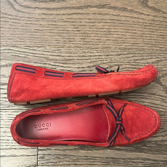 Vintage Gucci Red Suede Moccasins with Decorative Red/Blue Gross Grain Lacing